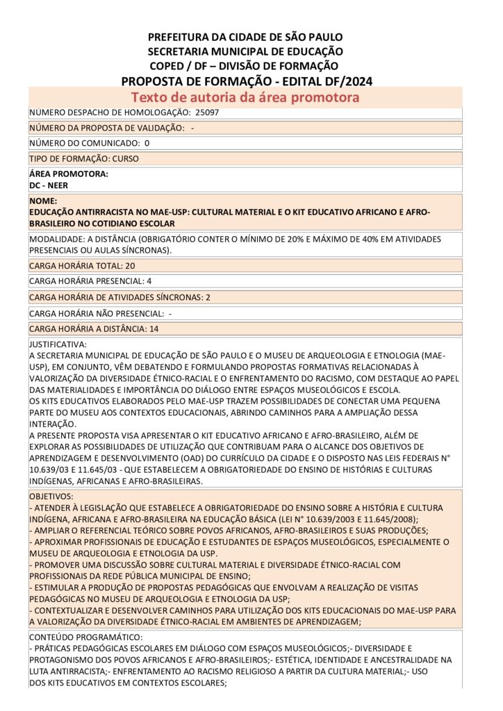 Proposta formativa homologada pela SME.