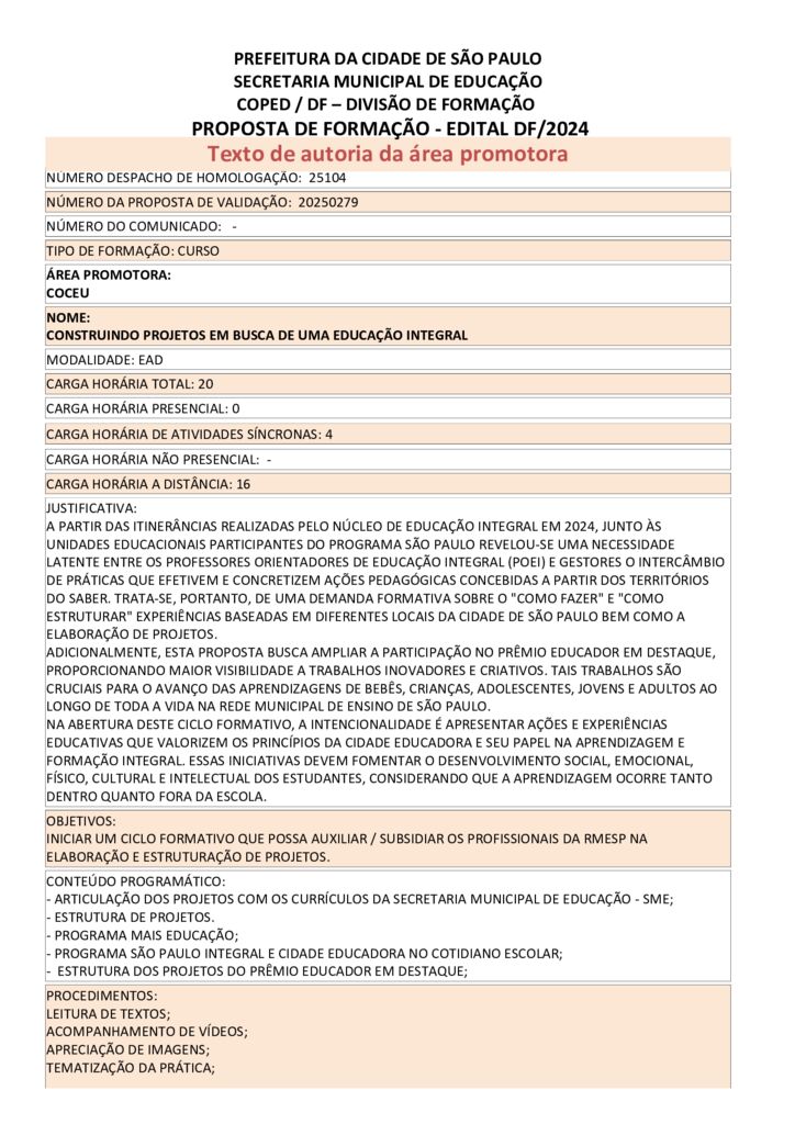 Proposta formativa homologada pela SME.