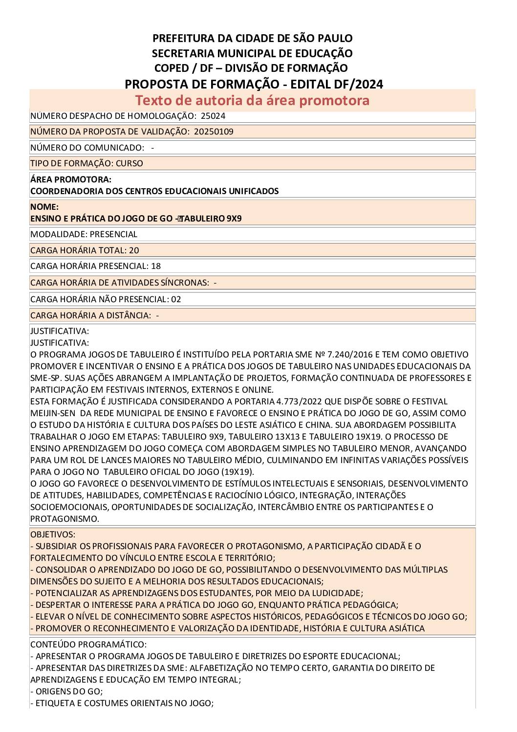 Proposta formativa homologada pela SME