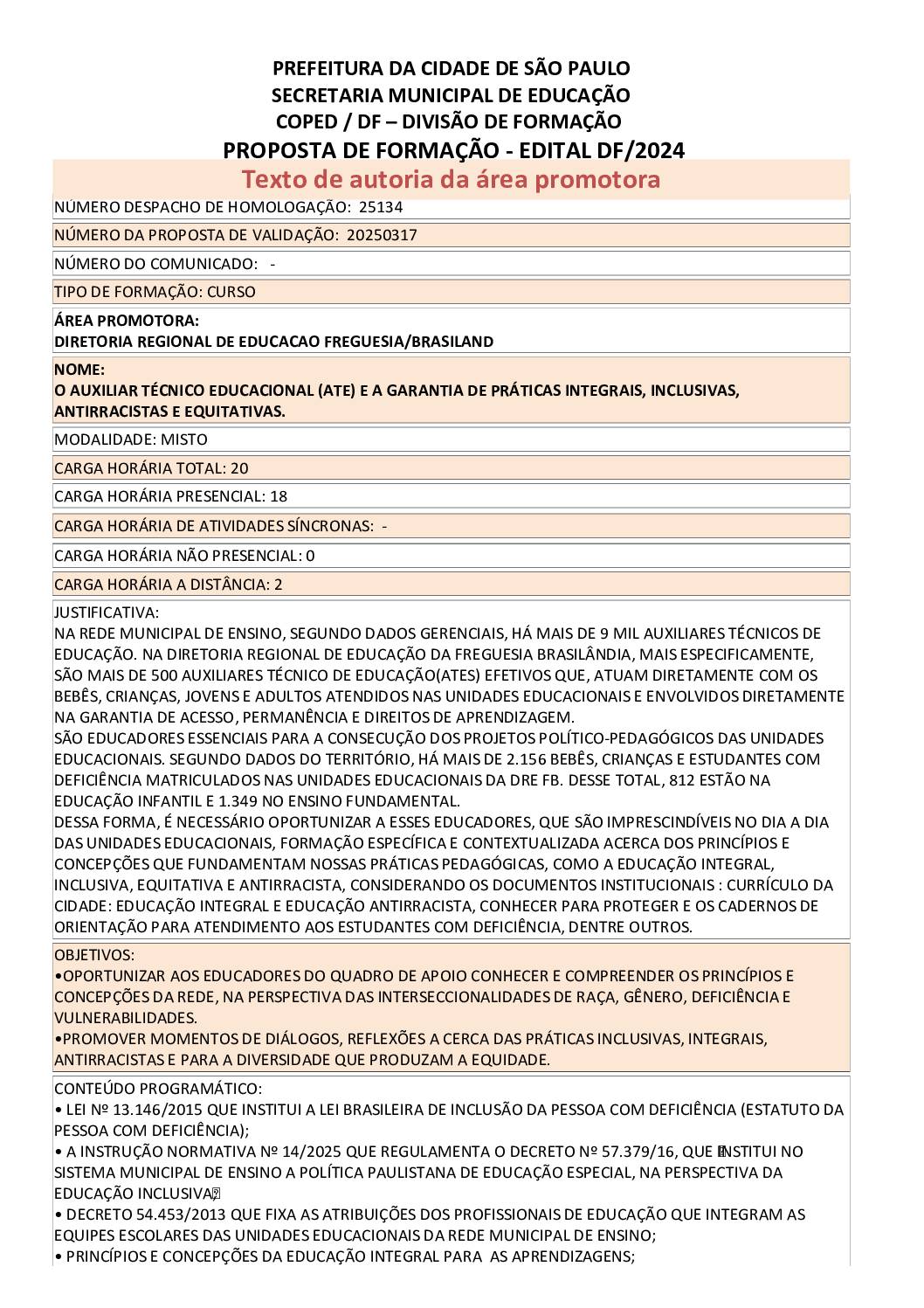 Proposta formativa homologada pela SME