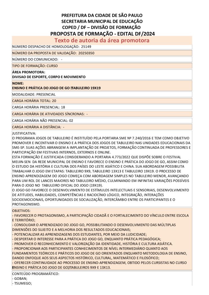 Proposta formativa homologada pela SME