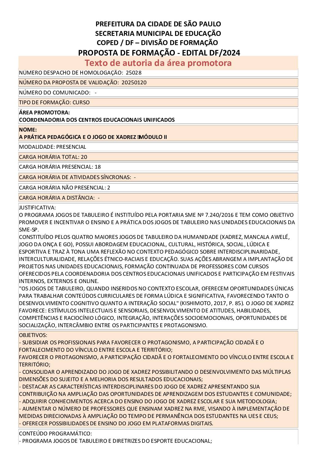 Proposta formativa homologada pela SME