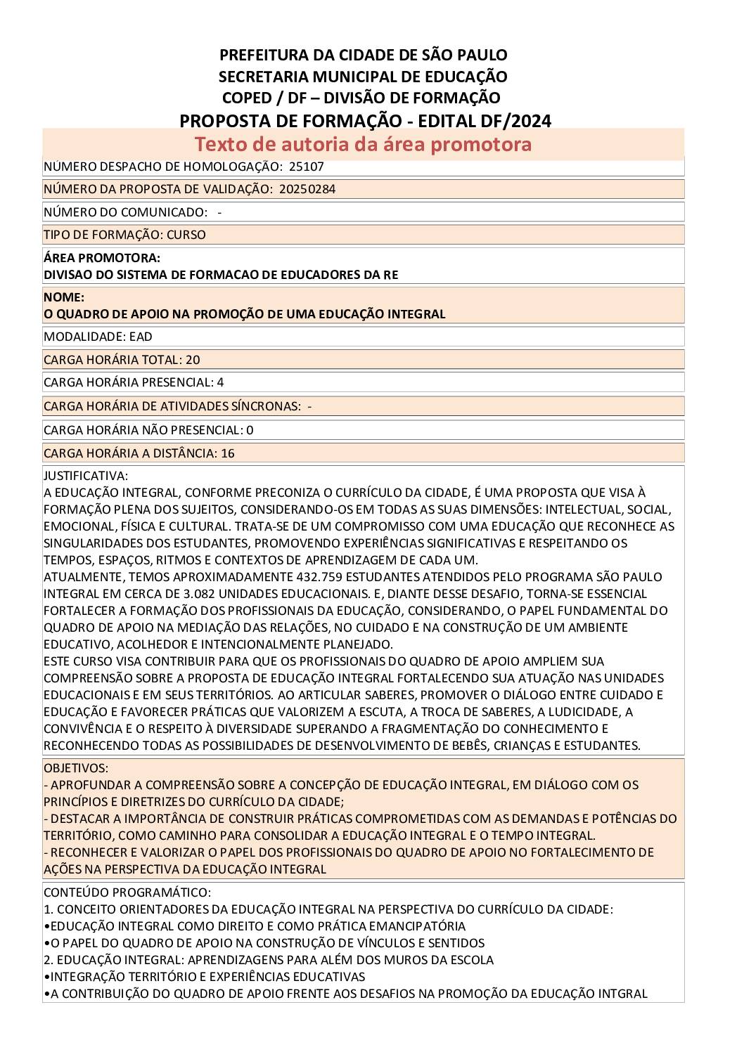 Proposta formativa homologada pela SME.