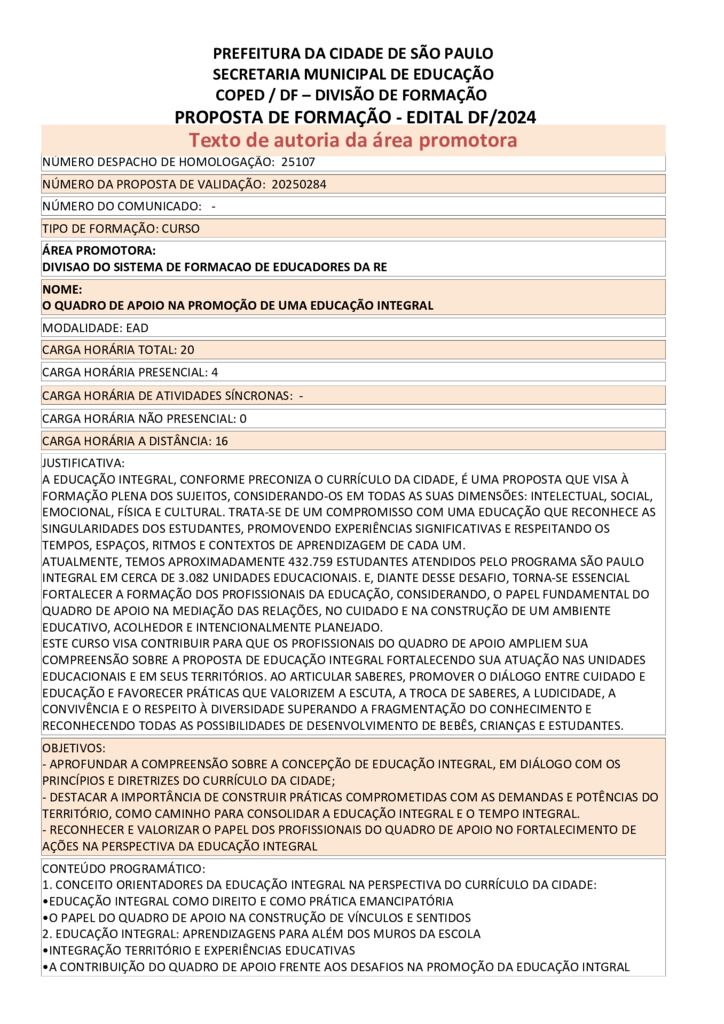 Proposta formativa homologada pela SME.