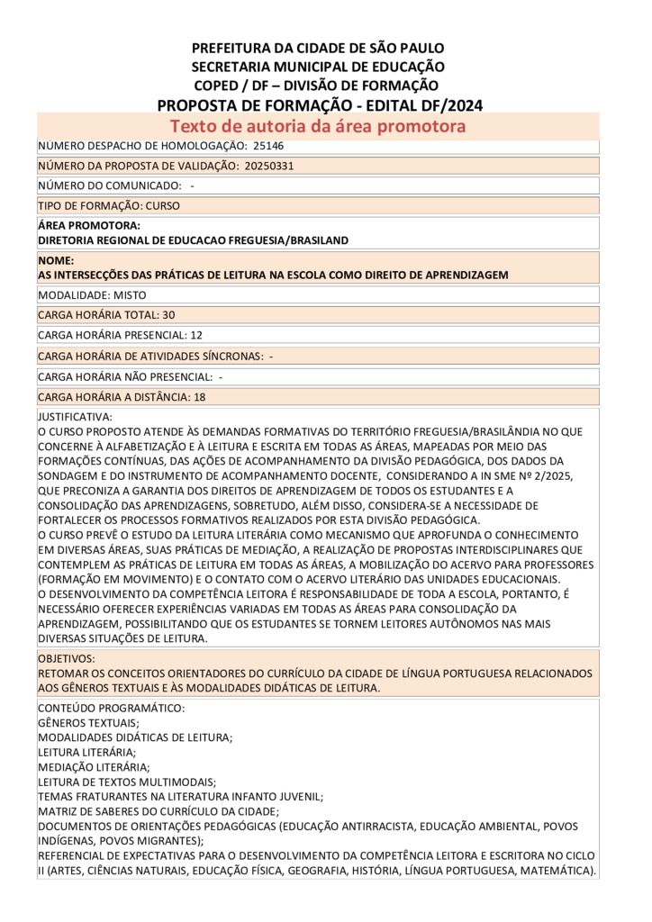 Proposta formativa homologada pela SME.