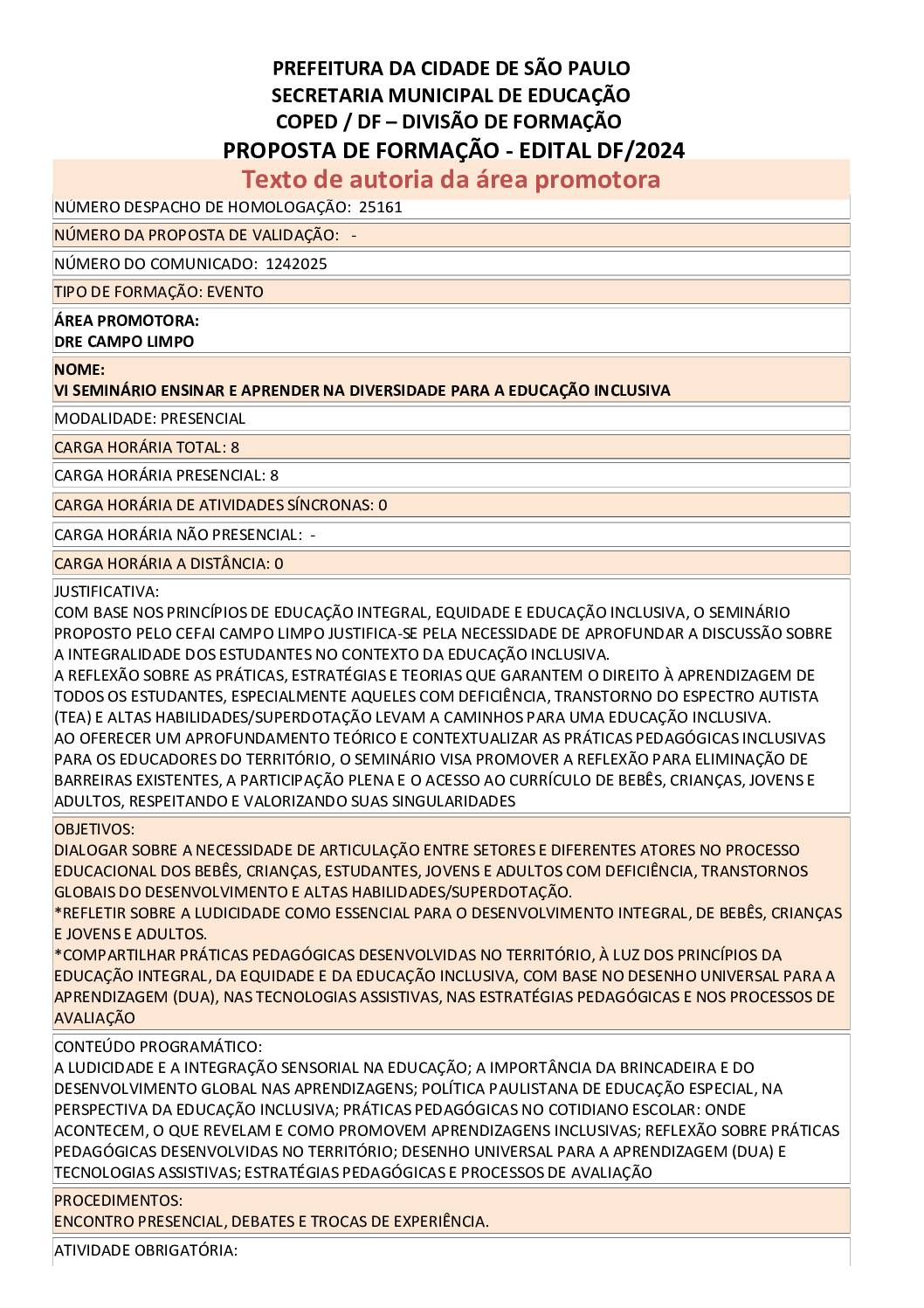 Proposta formativa homologada pela SME.