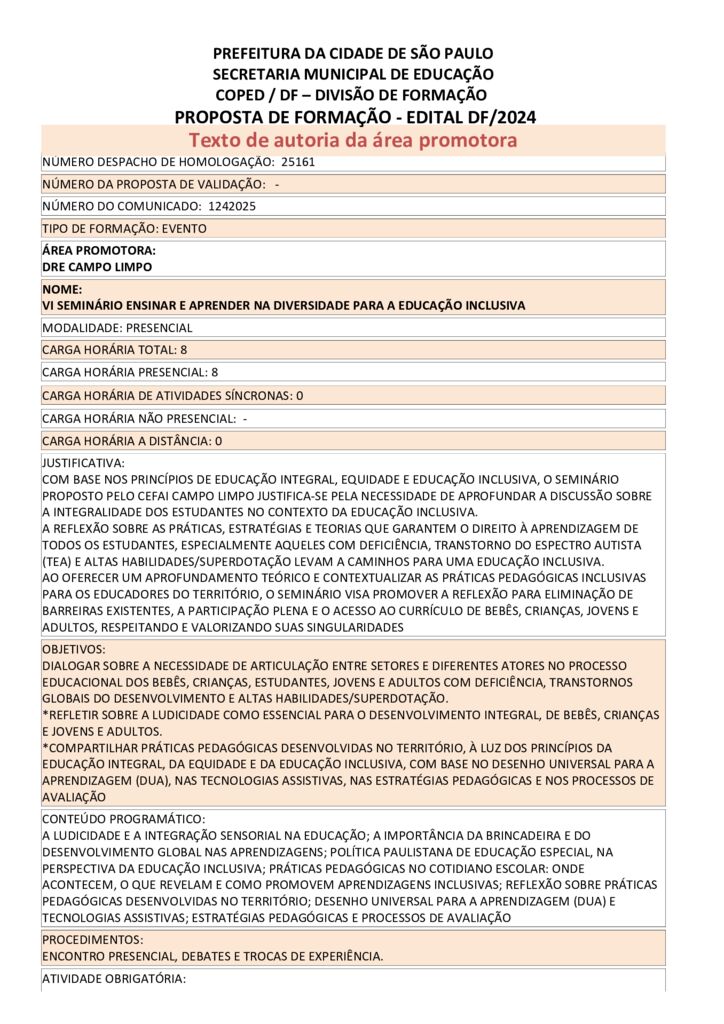 Proposta formativa homologada pela SME.