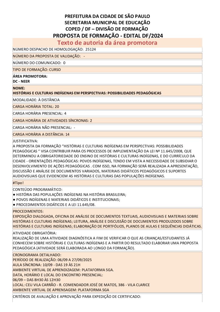 Proposta formativa homologada pela SME.