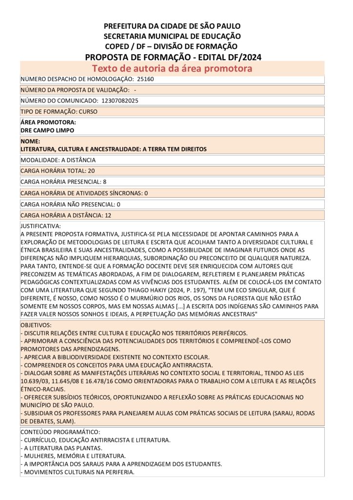 Proposta formativa homologada pela SME.