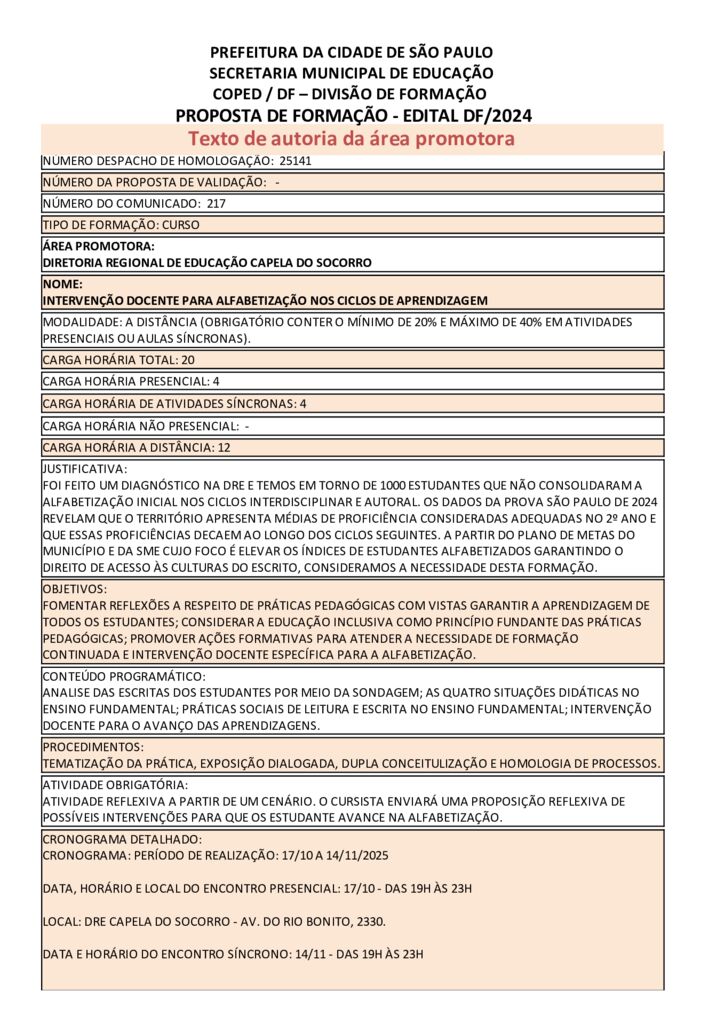 Proposta formativa homologada pela SME.
