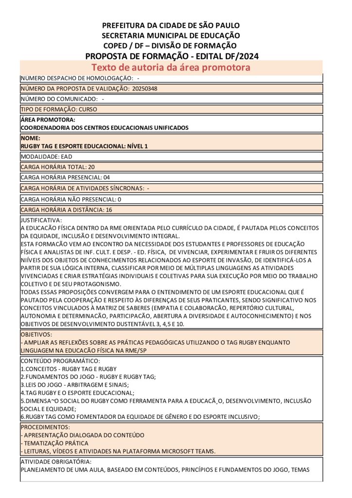 Proposta formativa homologada pela SME.