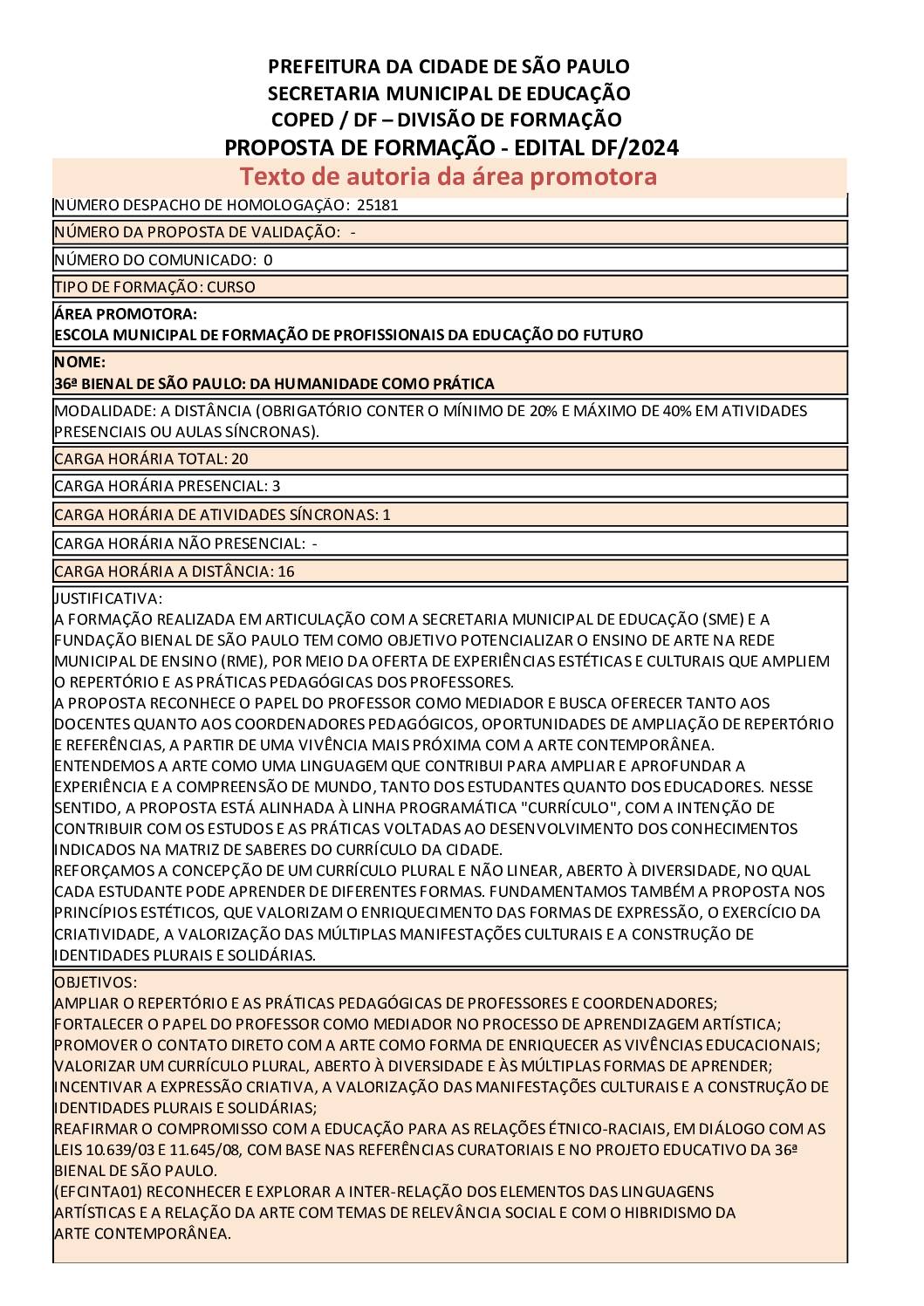 Proposta formativa homologada pela SME.