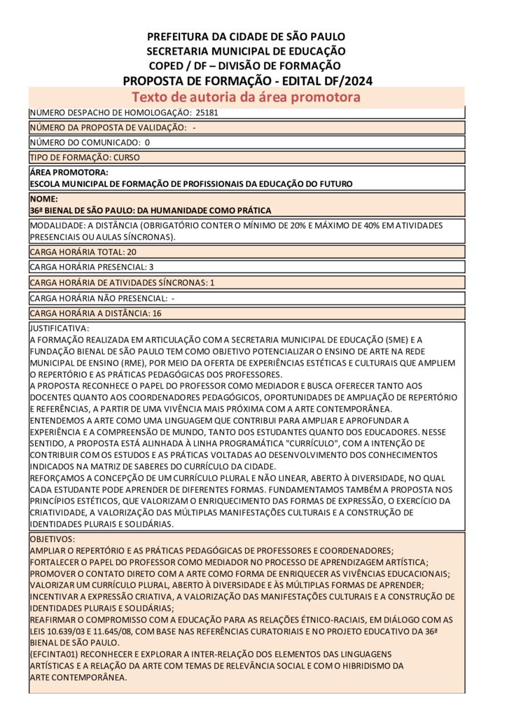Proposta formativa homologada pela SME.