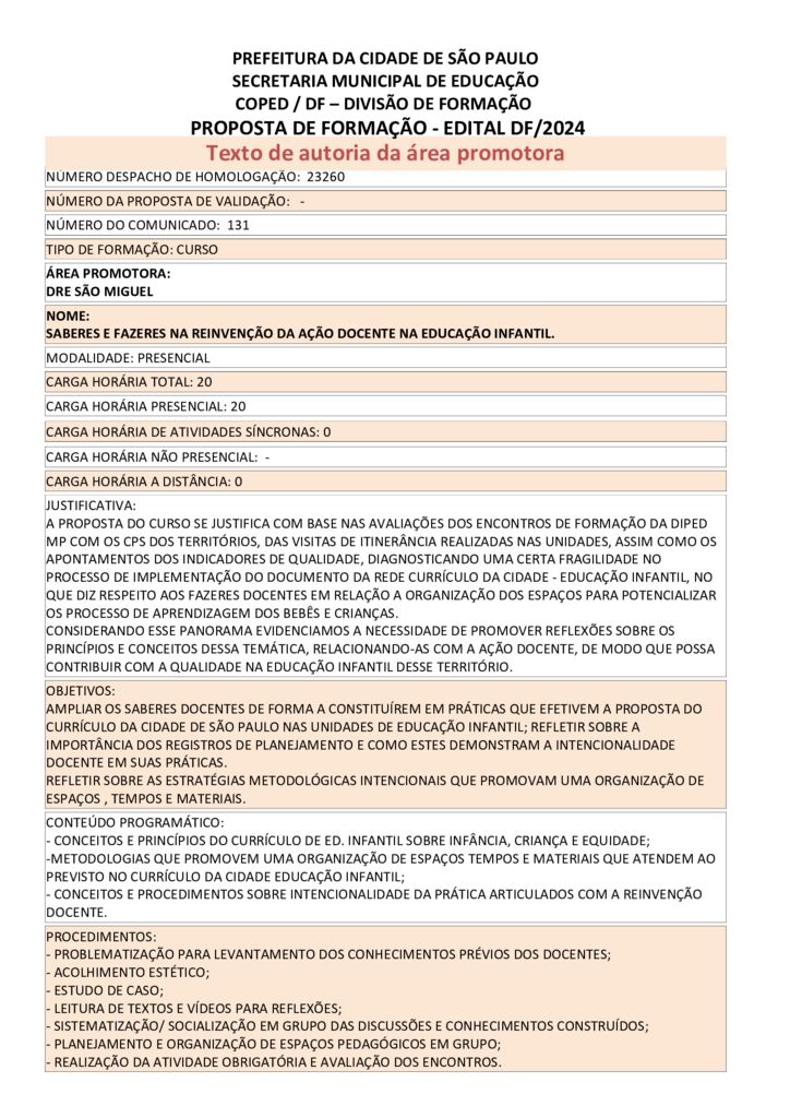 Proposta formativa homologada pela SME