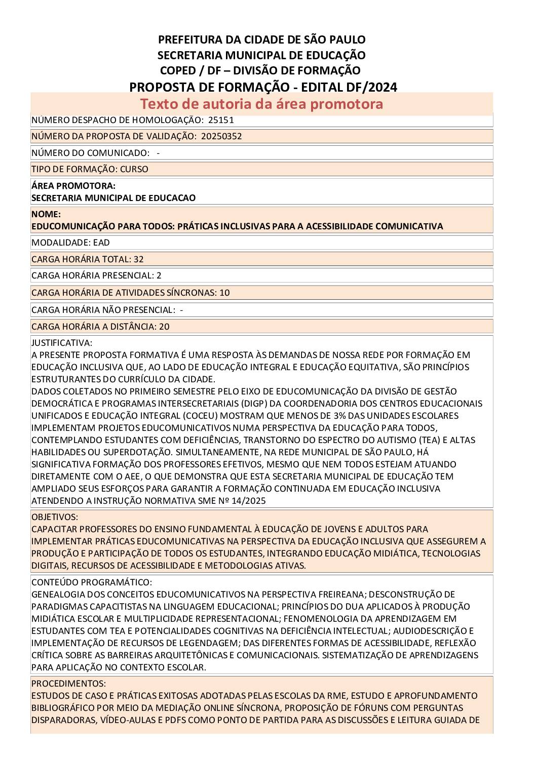 Proposta formativa homologada pela SME