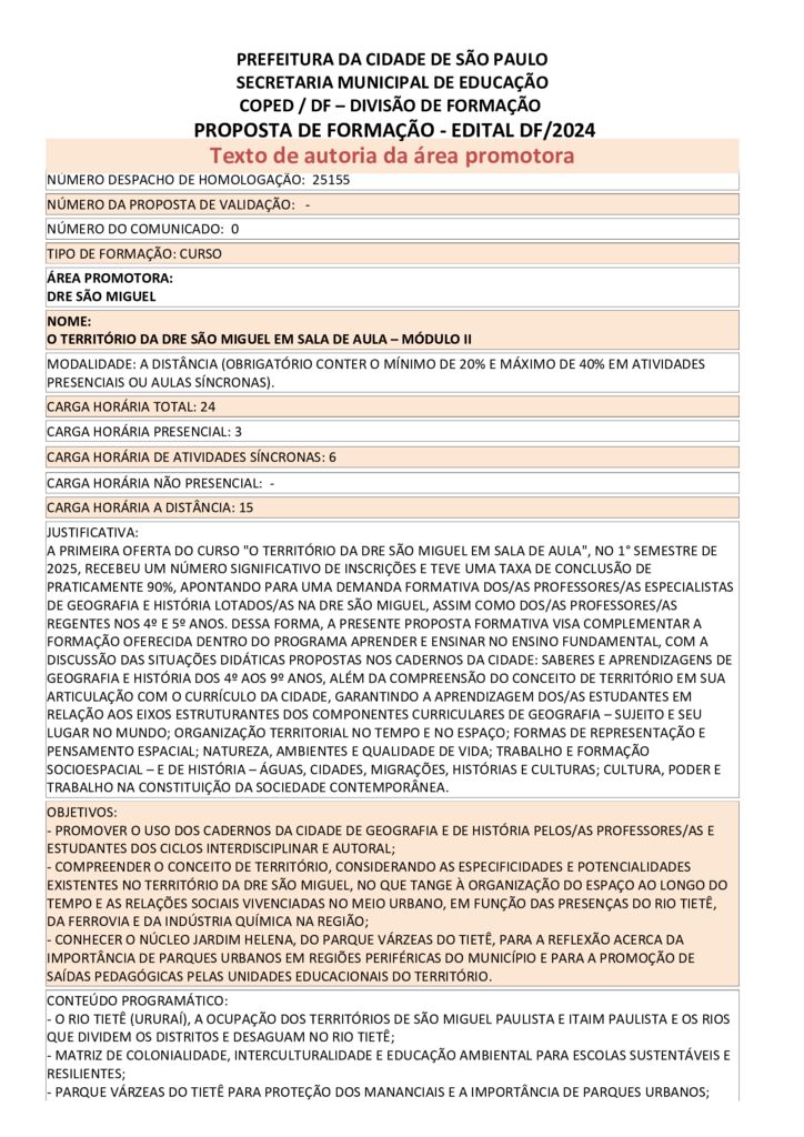 Proposta formativa homologada pela SME