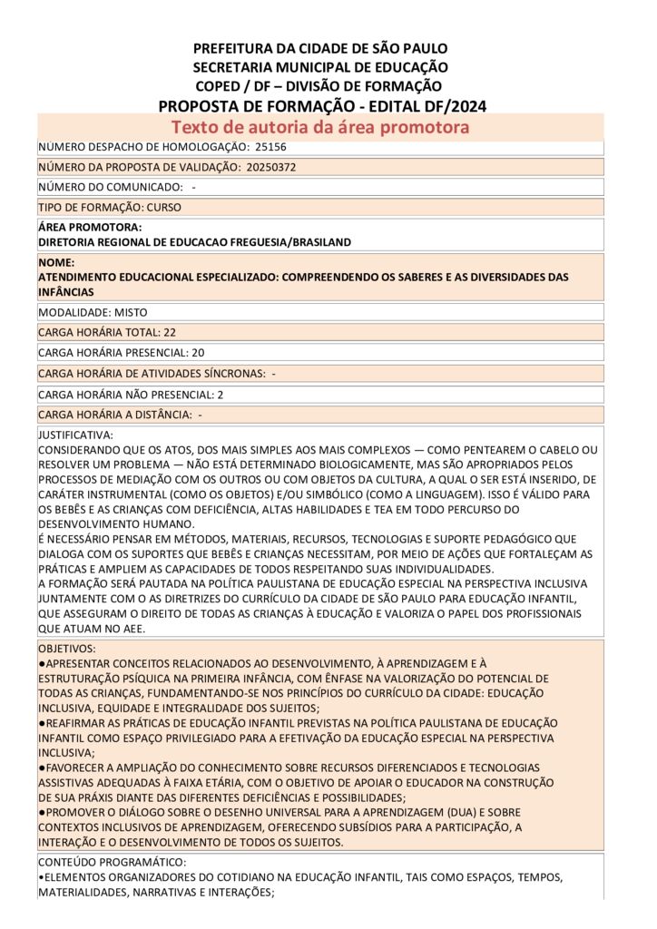 Proposta formativa homologada pela SME