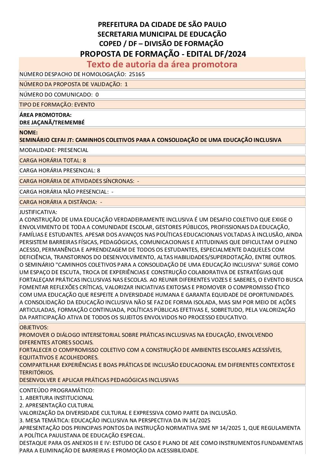 Proposta formativa homologada pela SME