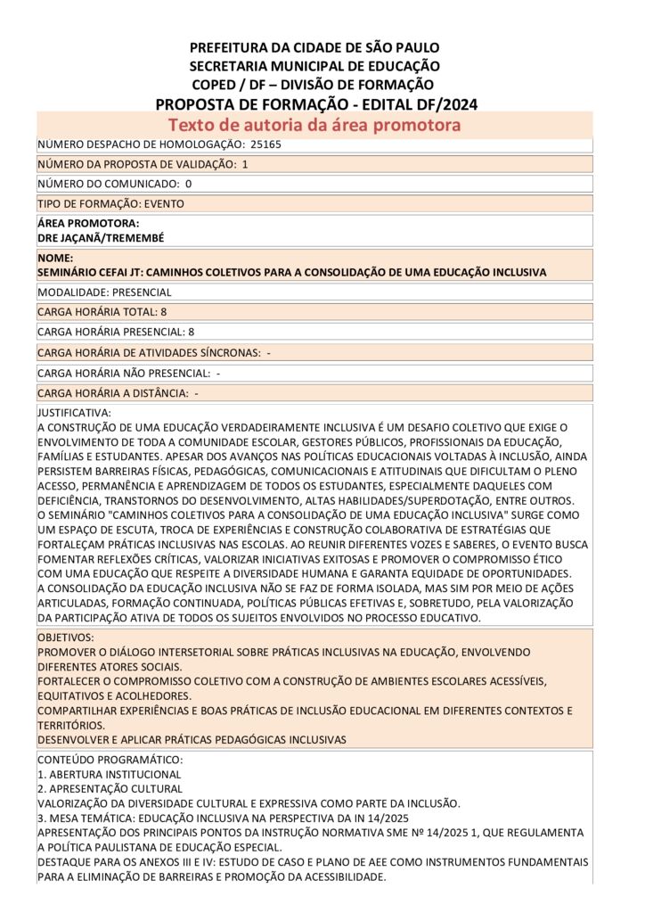 Proposta formativa homologada pela SME