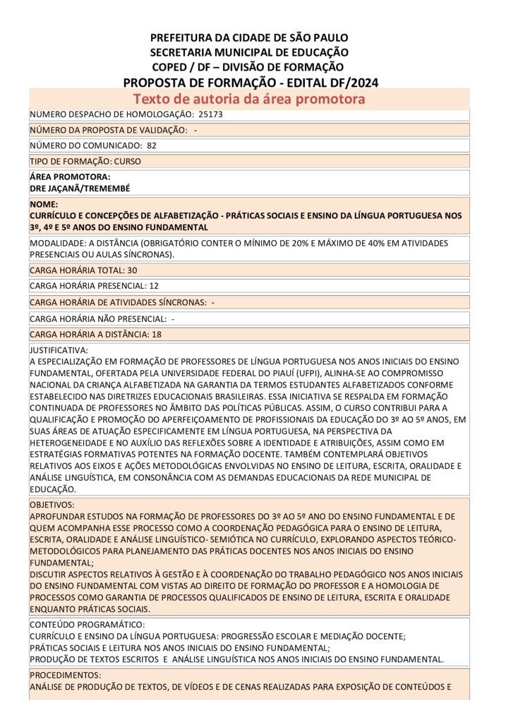 Proposta formativa homologada pela SME