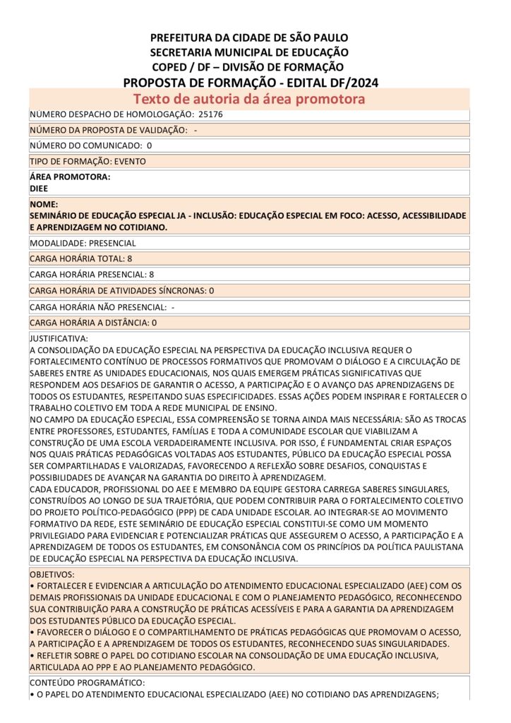 Proposta formativa homologada pela SME