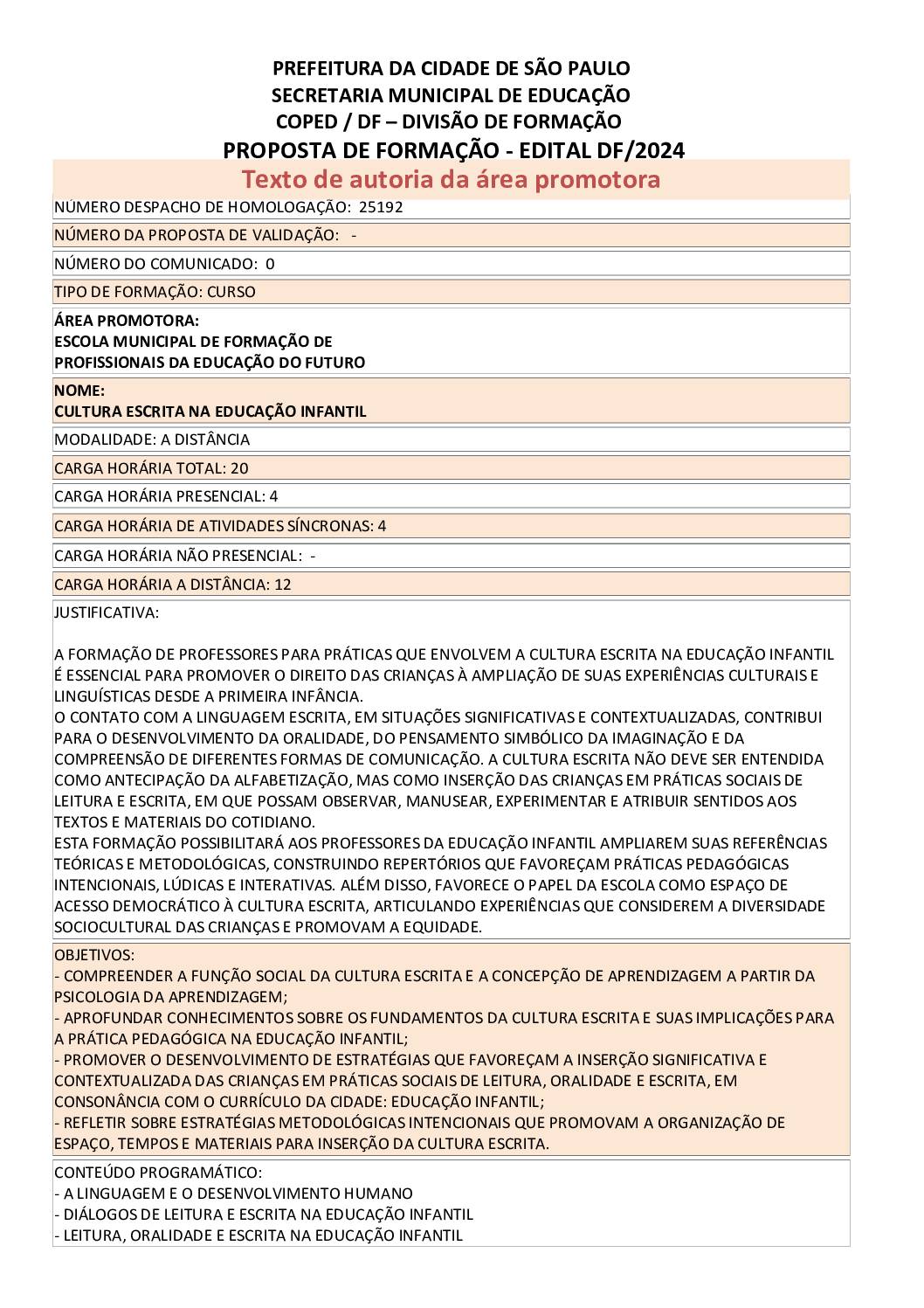 Proposta formativa homologada pela SME