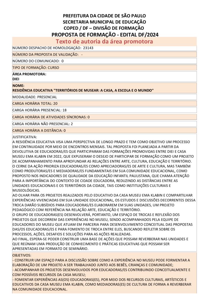 Proposta formativa homologada pela SME.