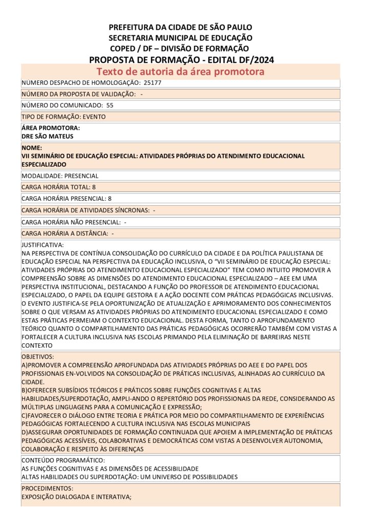 Proposta formativa homologada pela SME.