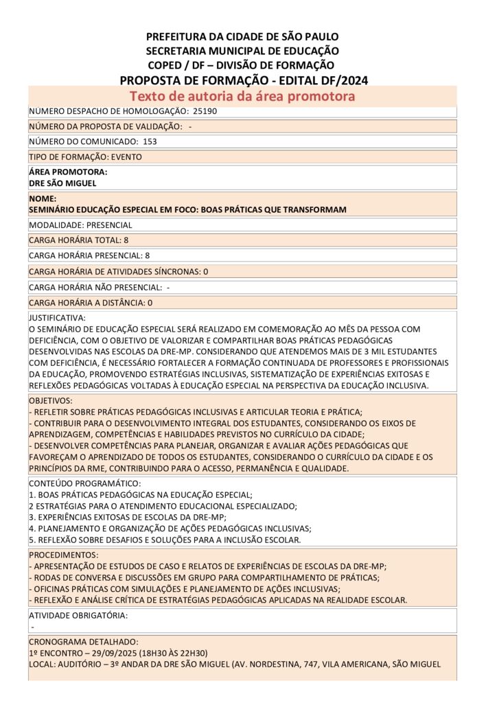 Proposta formativa homologada pela SME.