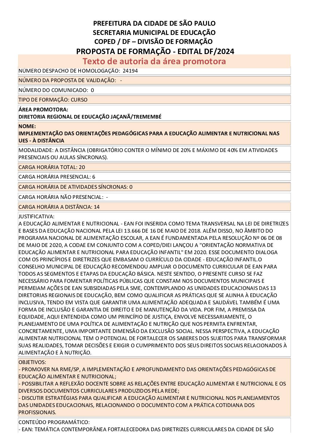 Proposta formativa homologada pela SME.