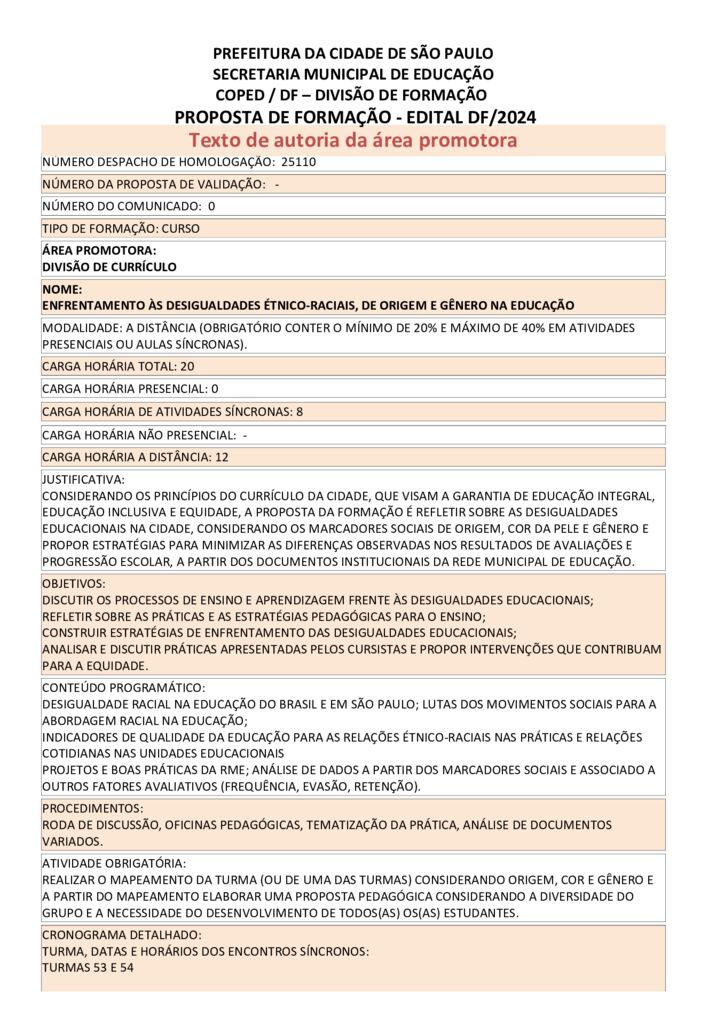 Proposta formativa homologada pela SME.