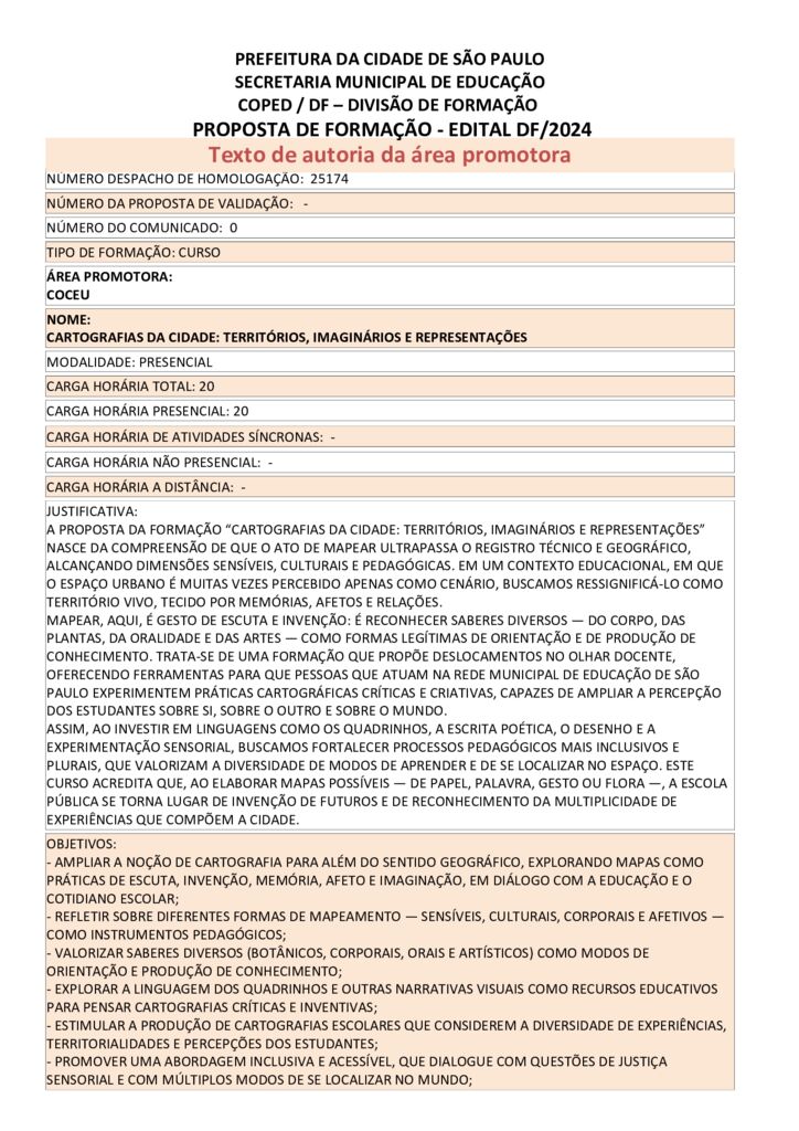 Proposta formativa homologada pela SME.