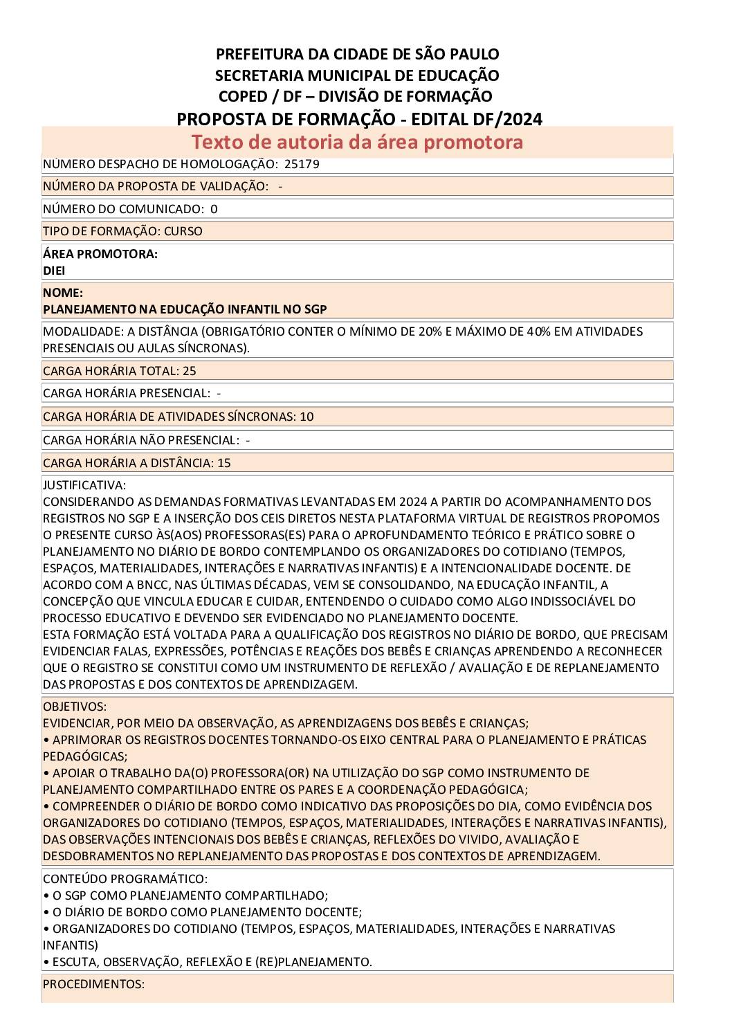 Proposta formativa homologada pela SME.
