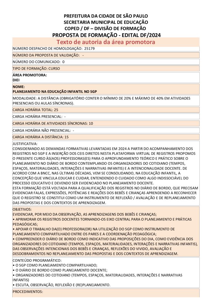 Proposta formativa homologada pela SME.