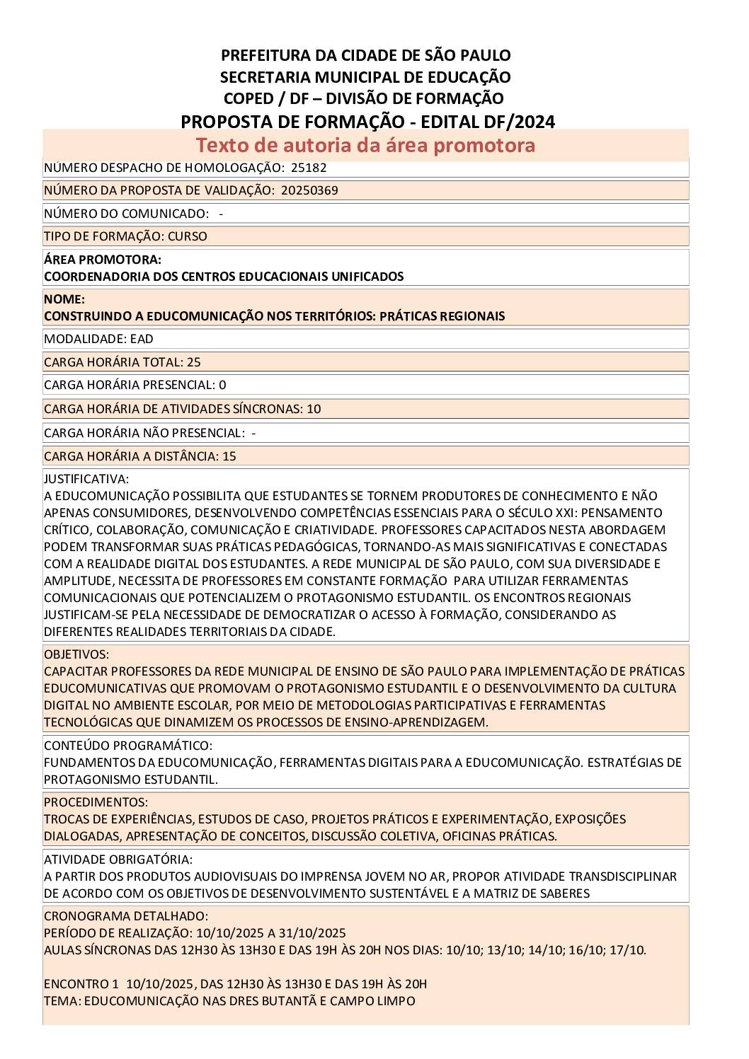 Proposta formativa homologada pela SME.