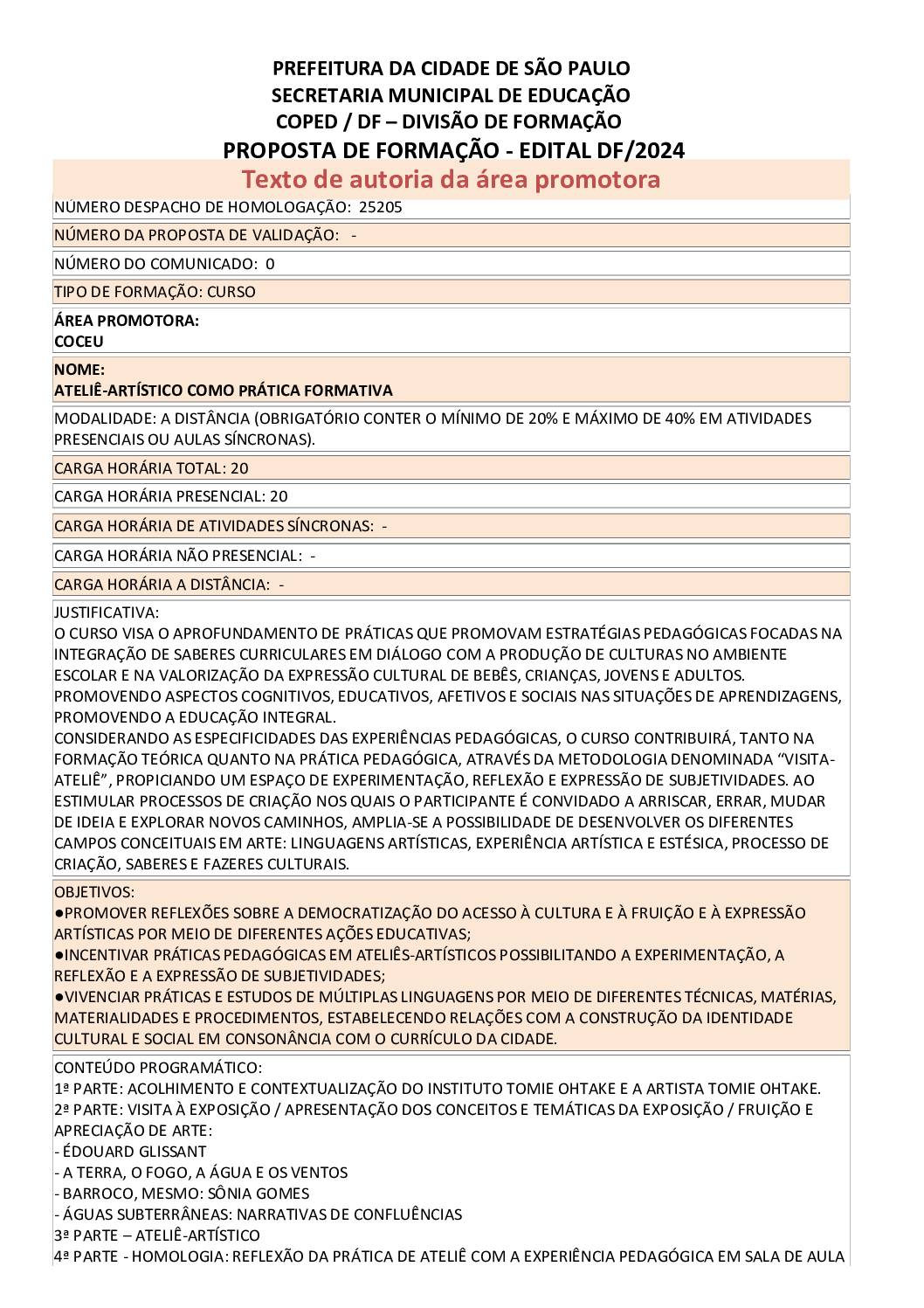 Proposta formativa homologada pela SME.