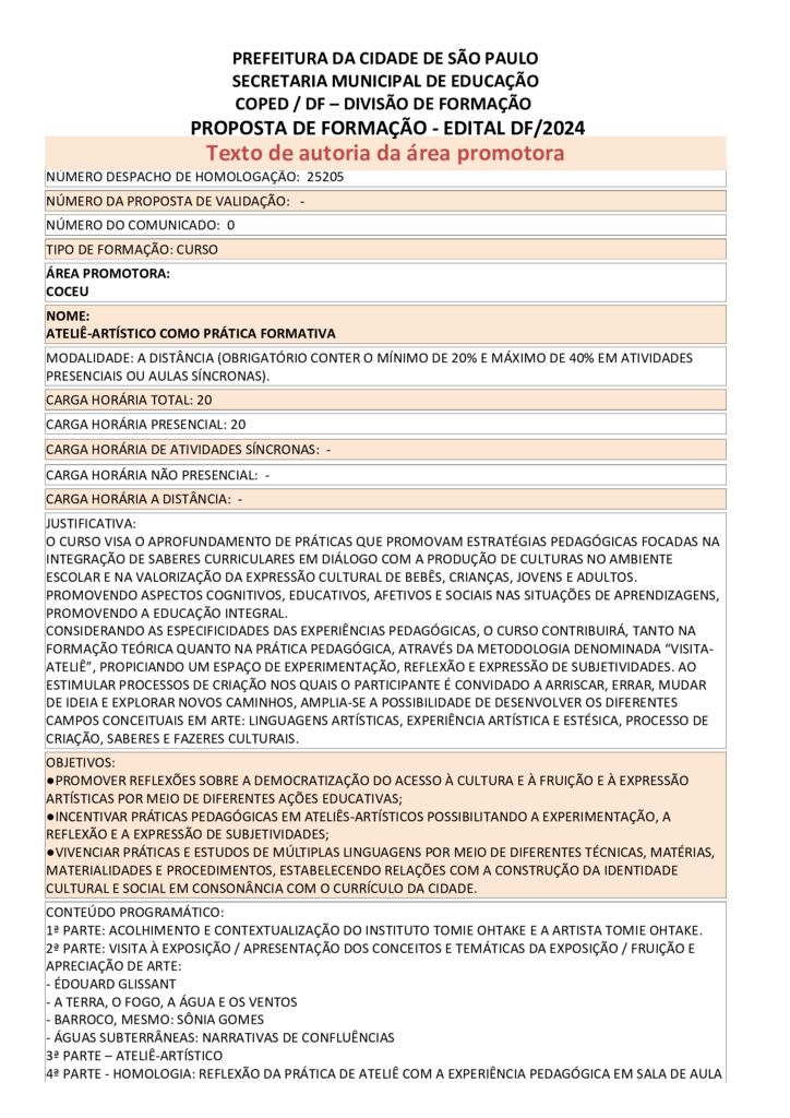 Proposta formativa homologada pela SME.