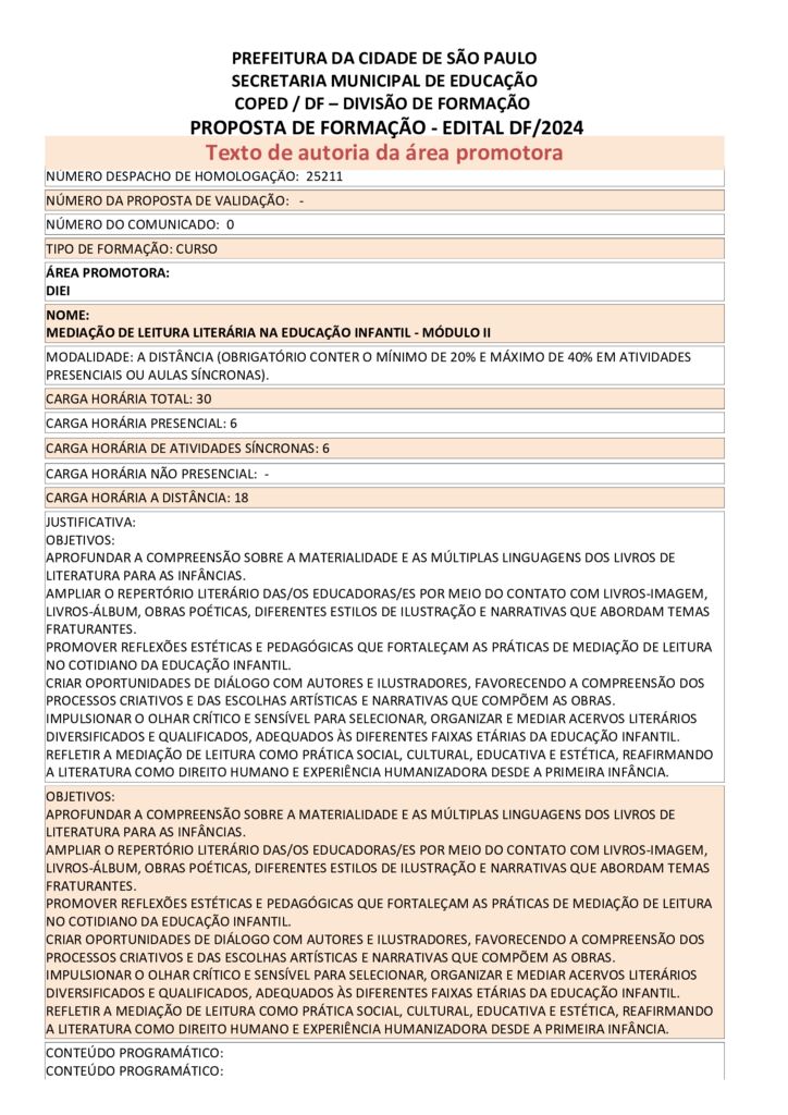 Proposta formativa homologada pela SME.