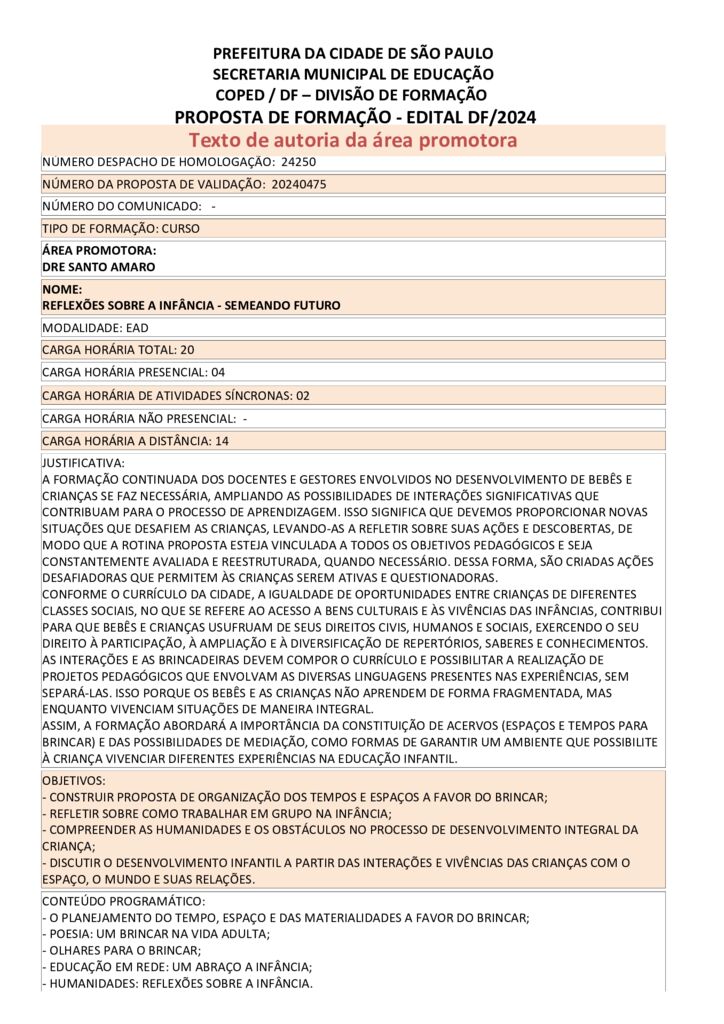 Proposta formativa homologada pela SME.