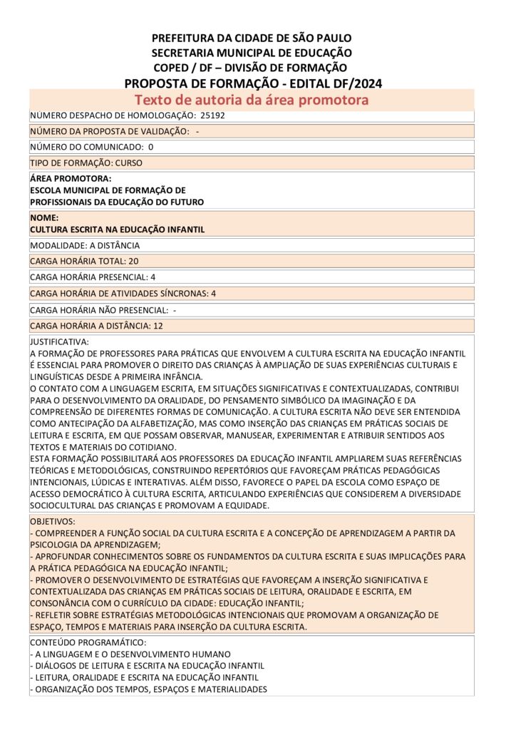 Proposta formativa homologada pela SME.