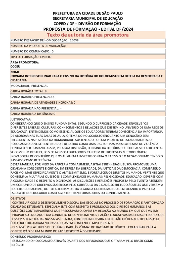 Proposta formativa homologada pela SME.