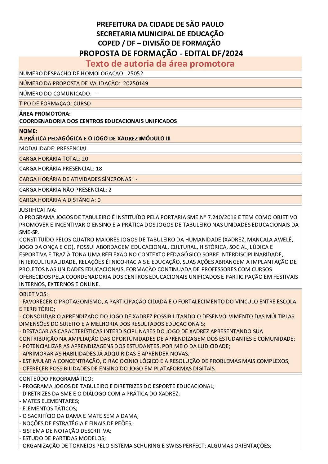 Proposta formativa homologada pela SME.