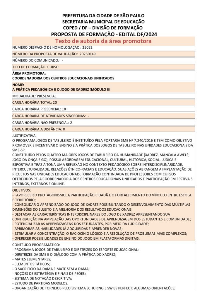 Proposta formativa homologada pela SME.