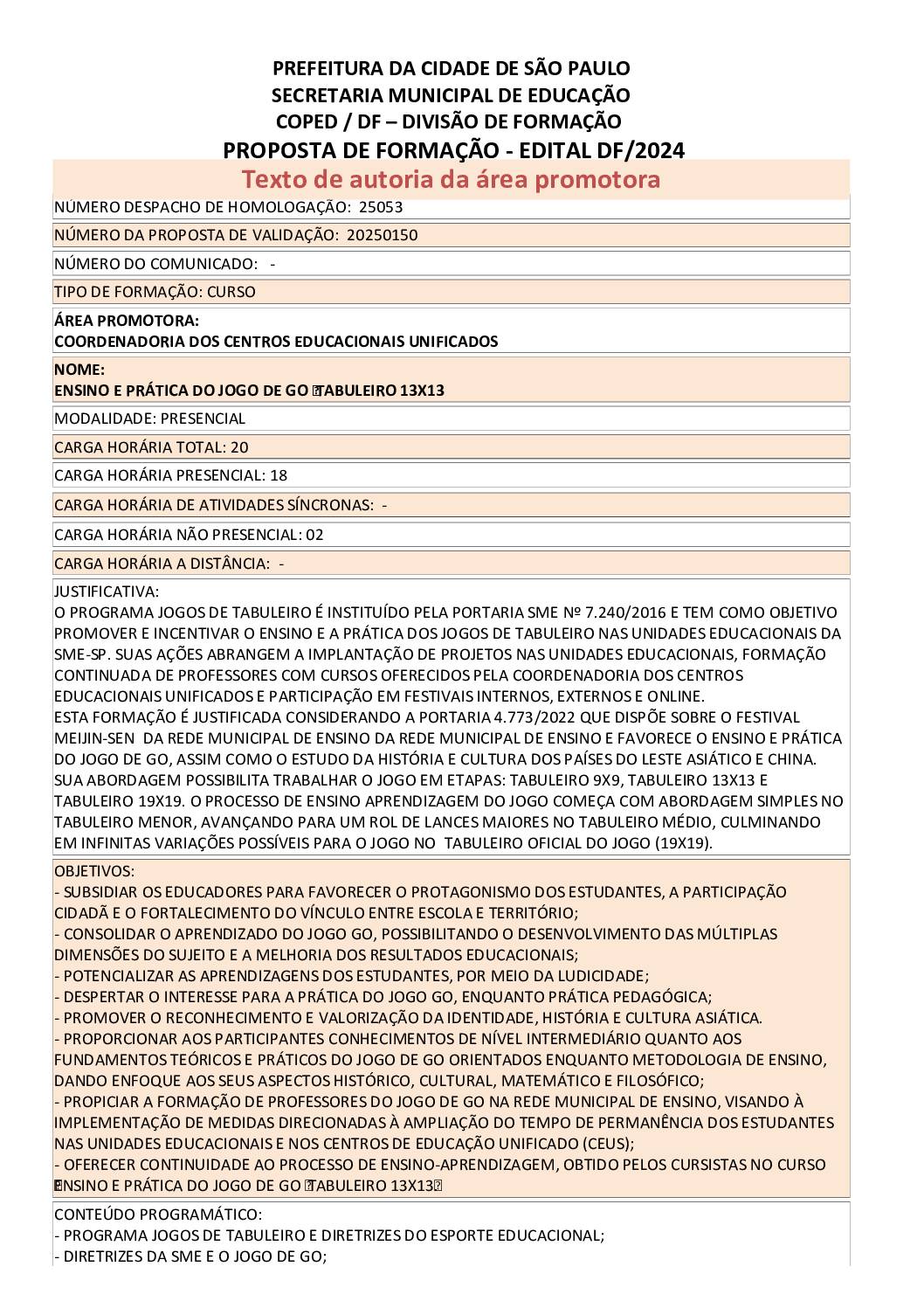 Proposta formativa homologada pela SME.