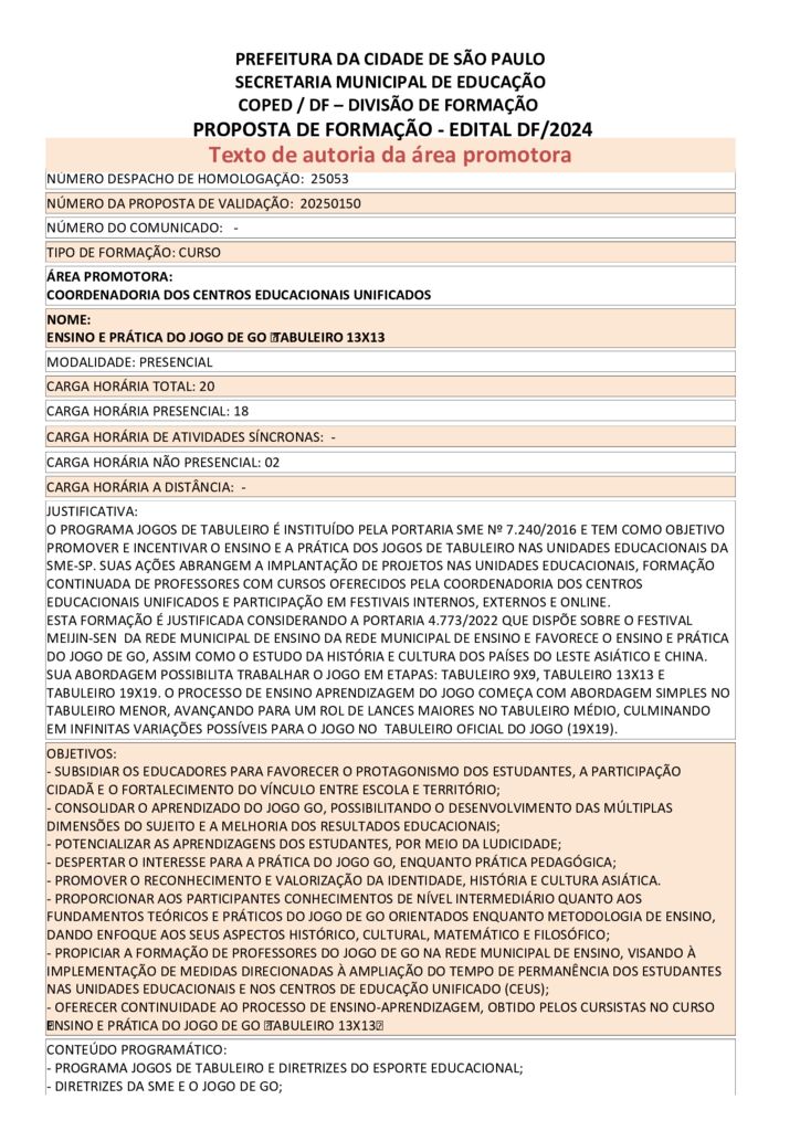 Proposta formativa homologada pela SME.