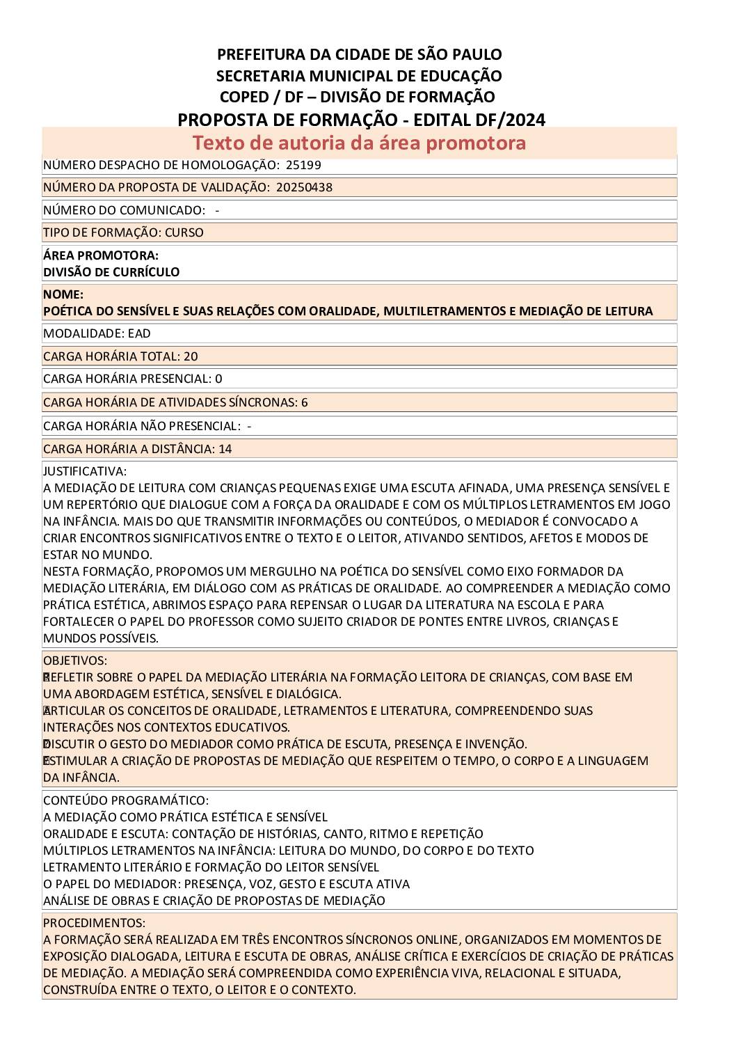 Proposta formativa homologada pela SME.