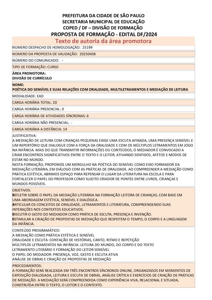 Proposta formativa homologada pela SME.