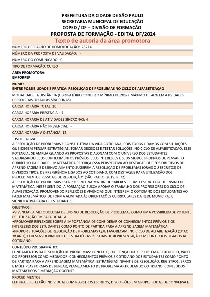 Proposta formativa homologada pela SME.
