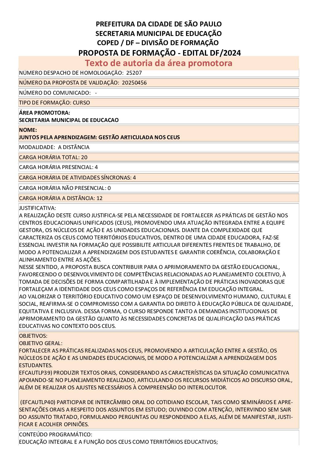 Proposta formativa homologada pela SME.
