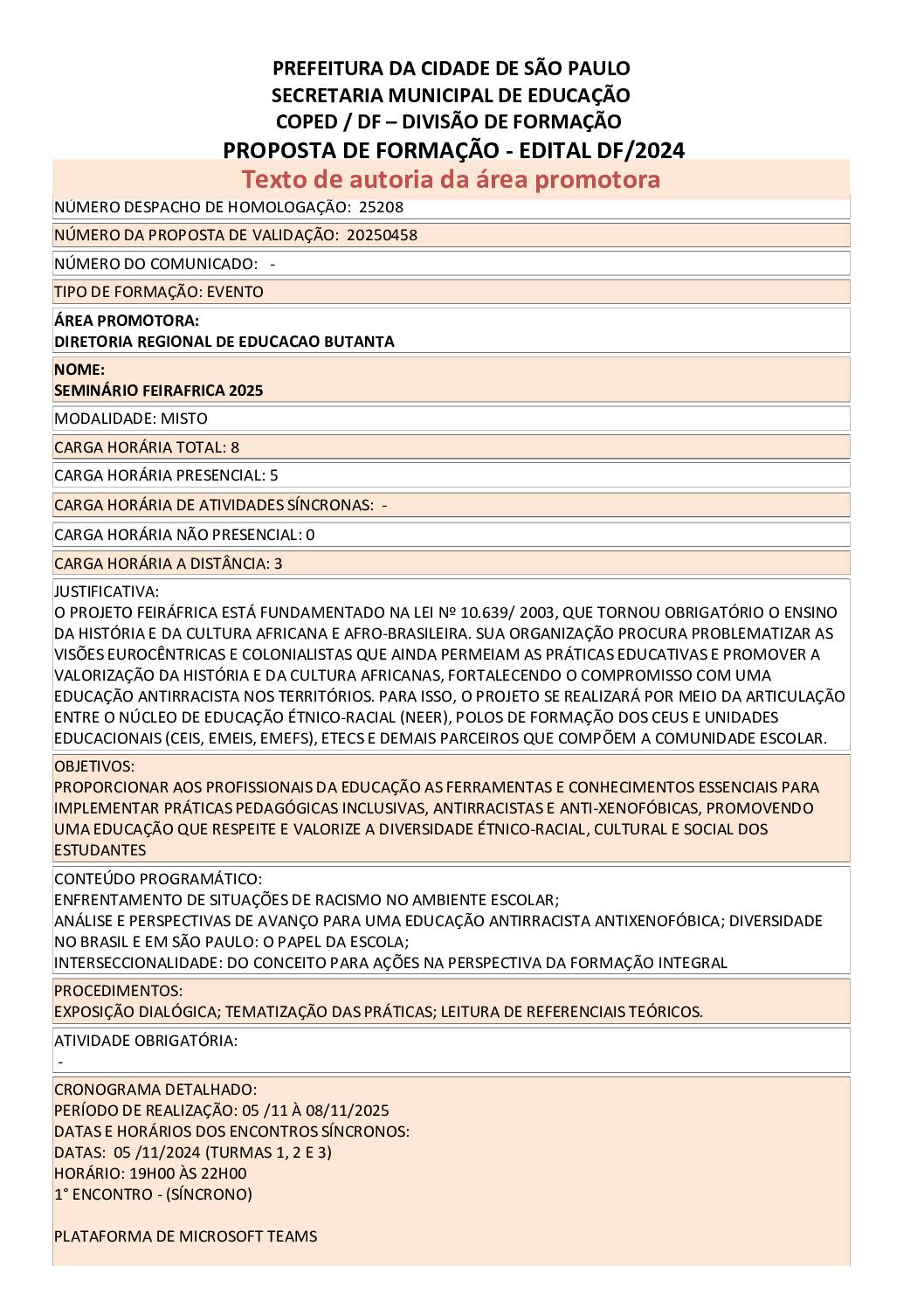 Proposta formativa homologada pela SME.